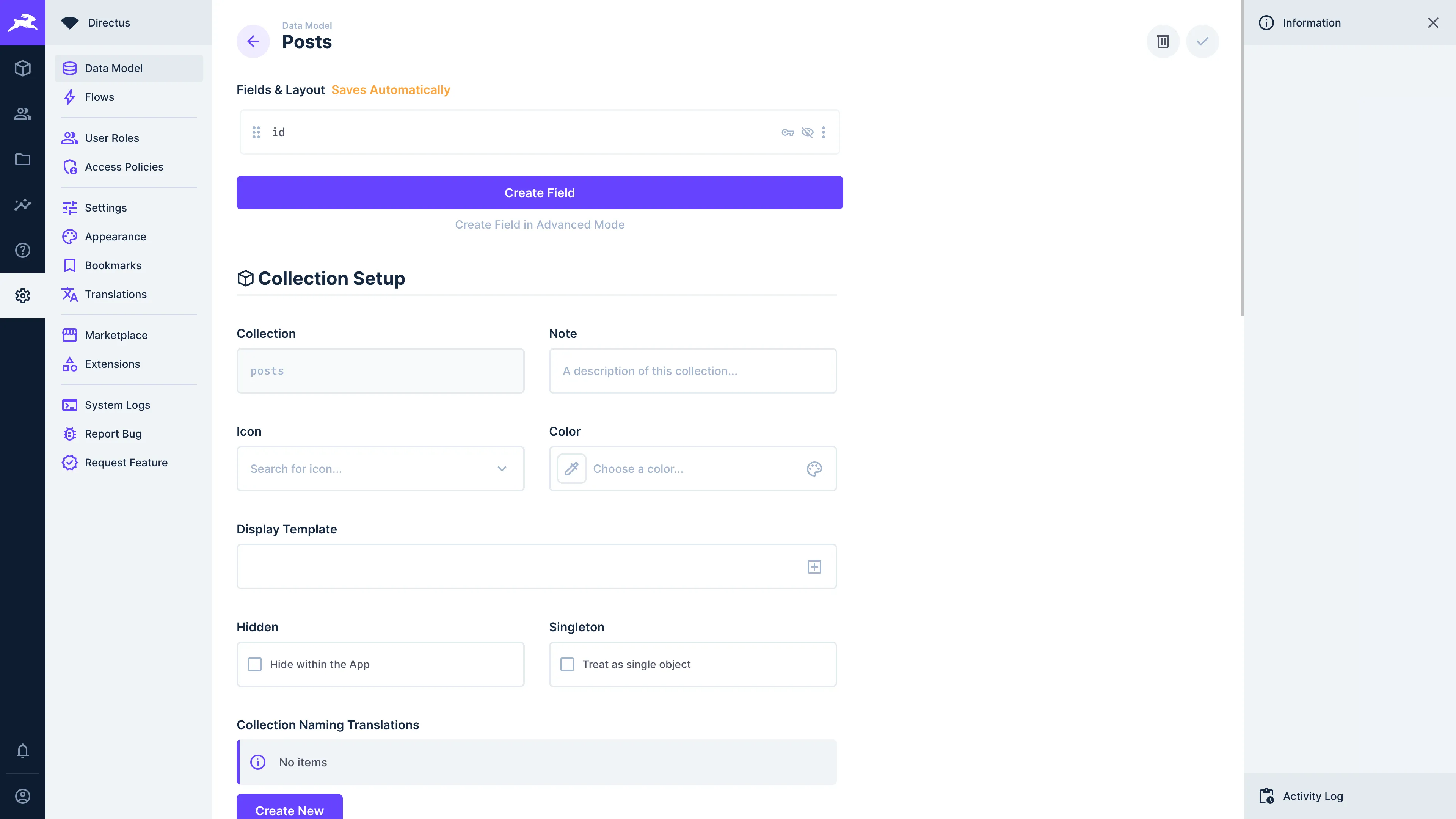 Directus Data Modeling Interface